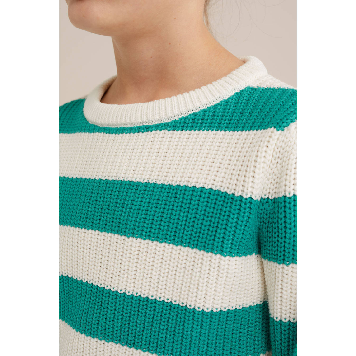 WE Fashion trui groen ecru grof gebreid