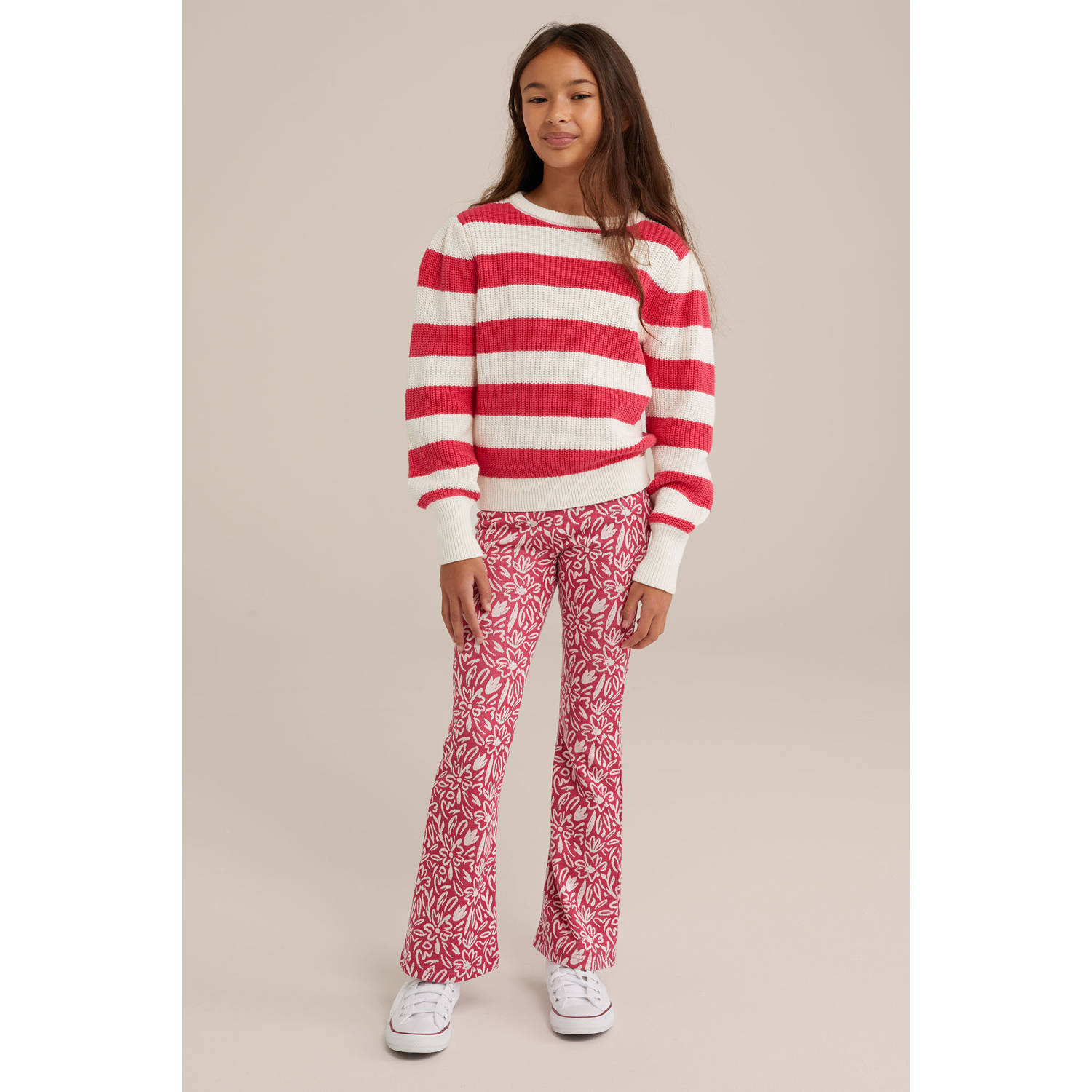 WE Fashion trui roze ecru grof gebreid