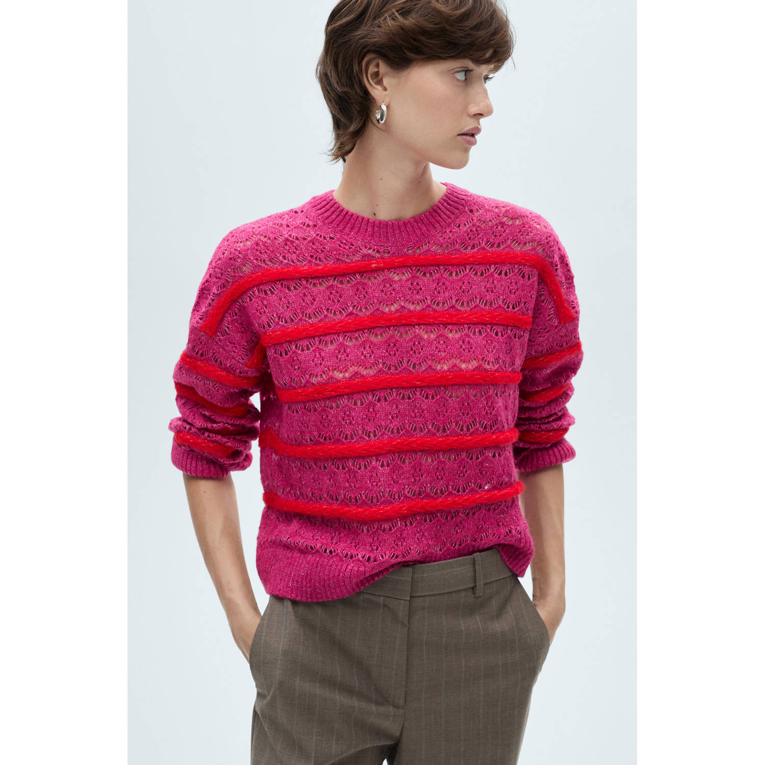Mango gebreide trui roze ajour