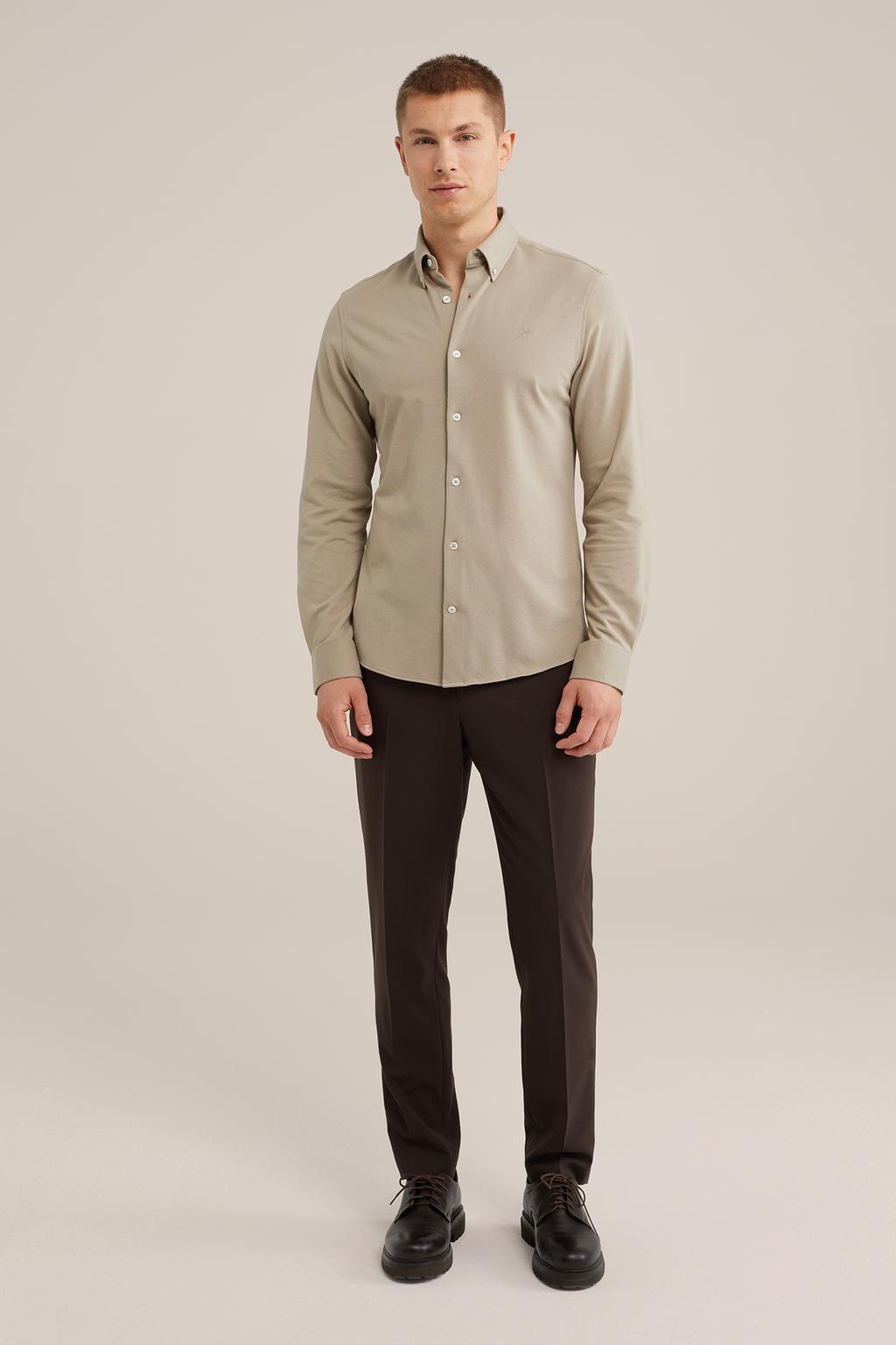 Grijsgroene heren WE Fashion casual overhemd groen van katoen met effen, lange mouwen, button down sluiting en knoopsluiting