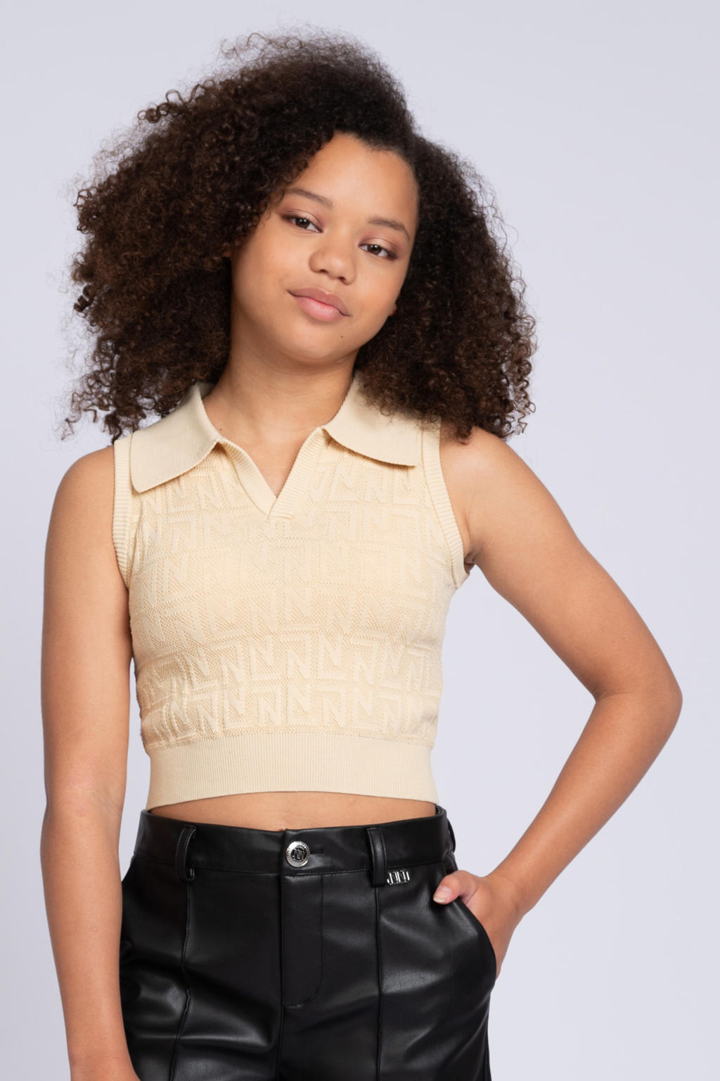 Beige meisjes NIK&NIK mouwloze top van viscose met effen en polo kraag