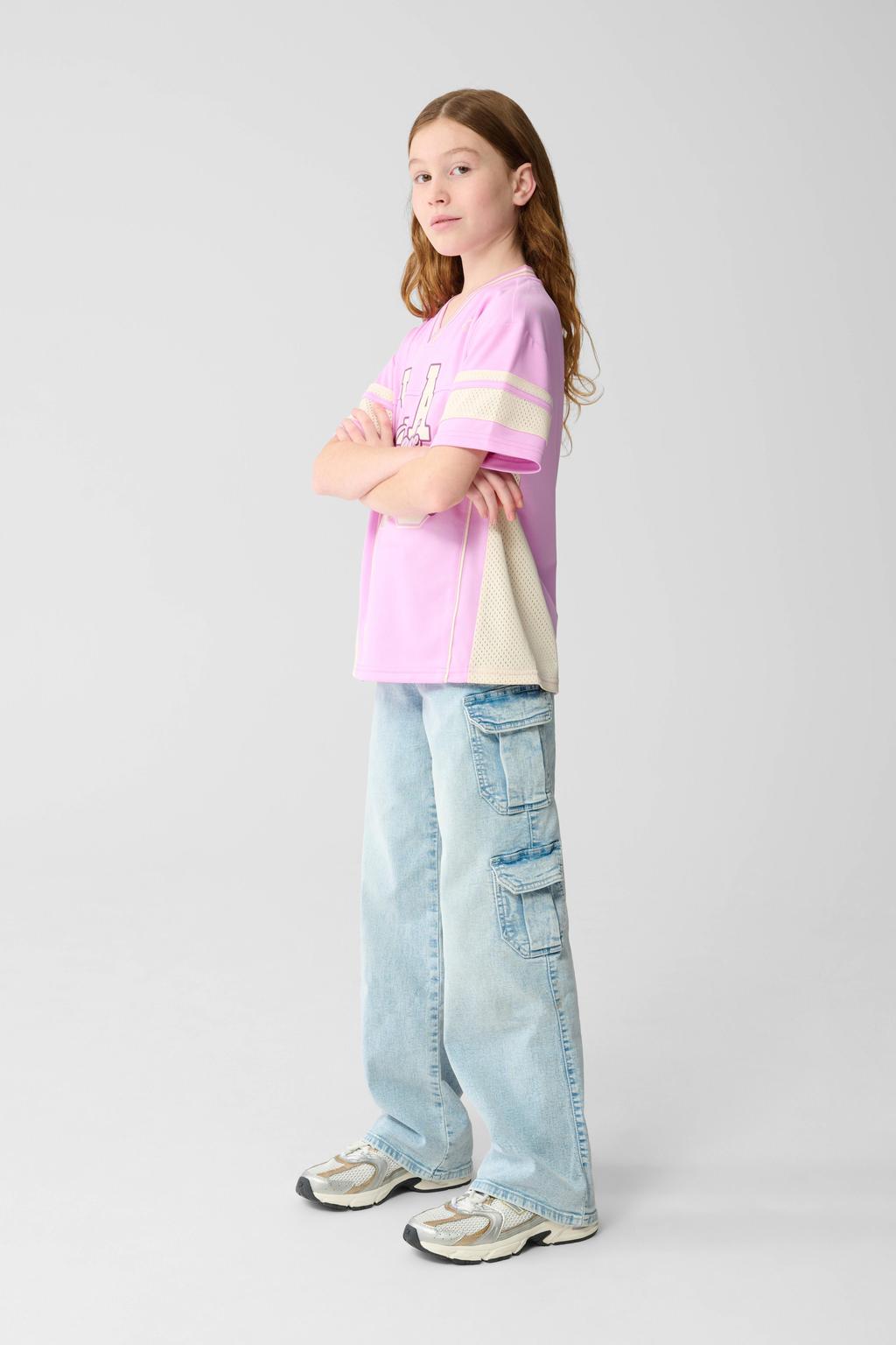 Light blue denim meisjes Shoeby wide leg regular waist jeans van denim met rits- en knoopsluiting en effen