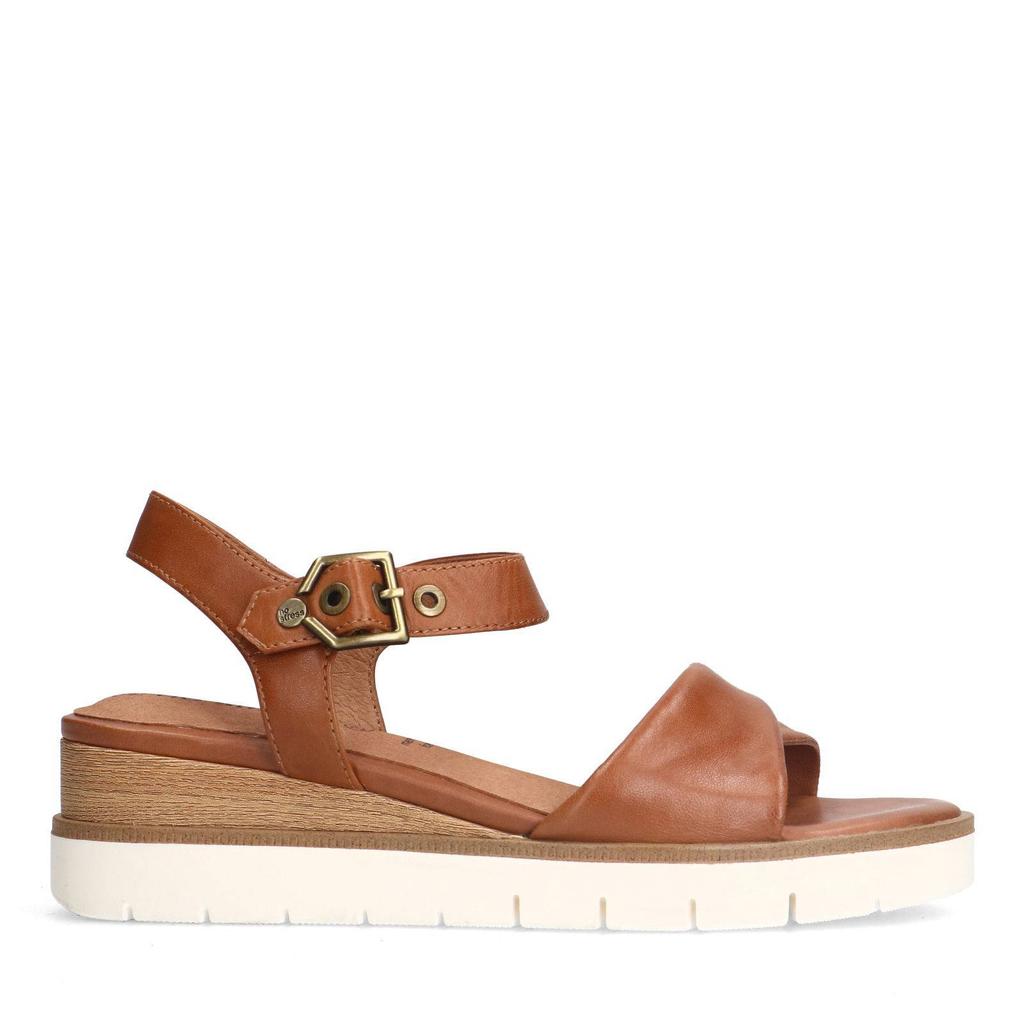 Cognackleurige dames No Stress leren sandalen met gesp