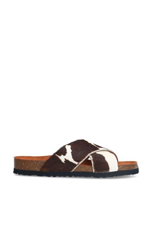 leren slippers met koeienprint wit/bruin
