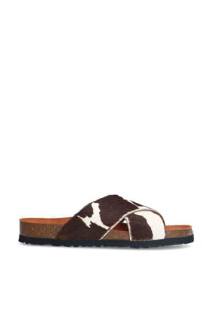 leren slippers met koeienprint wit/bruin