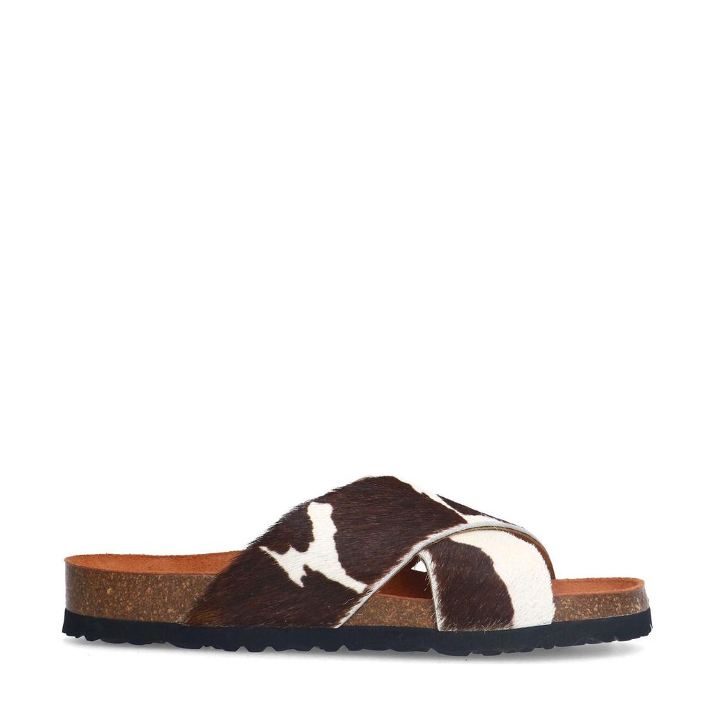 Wit en bruine dames Manfield leren slippers van pony hair leather met koeienprint