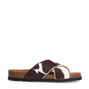 leren slippers met koeienprint wit/bruin