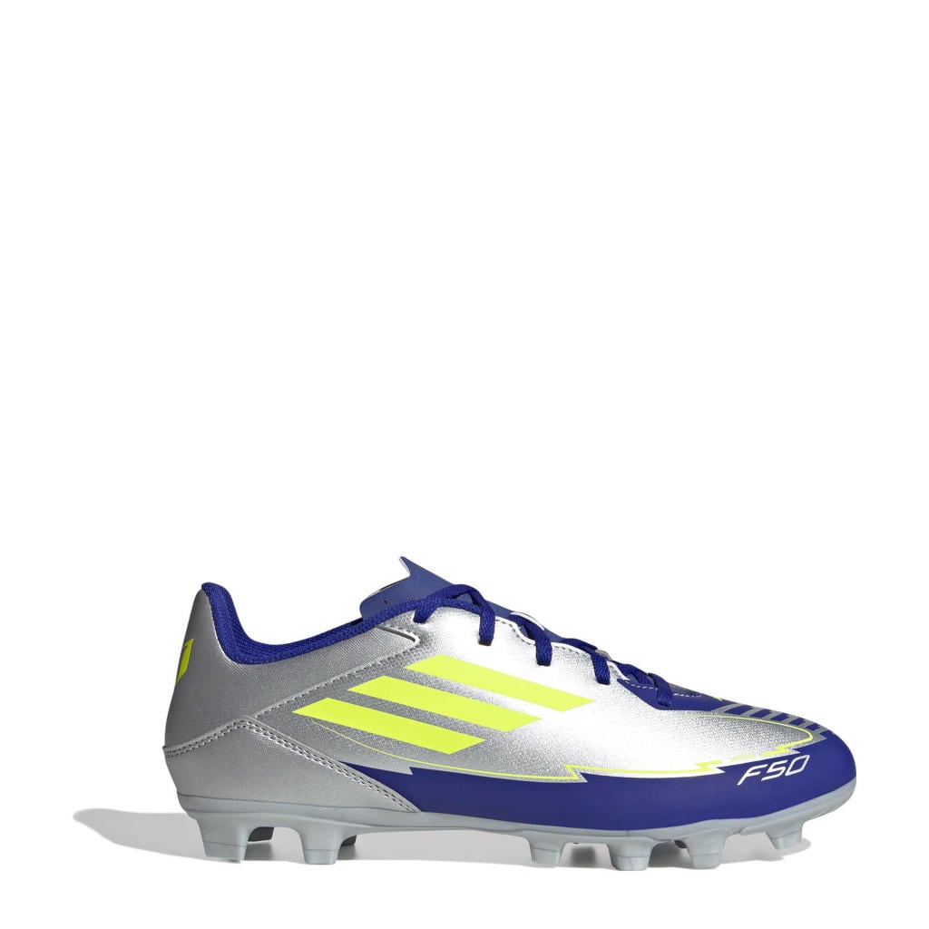 Zilver, metallic, kobaltblauw en gele unisex adidas Performance F50 Club Messi senior voetbalschoenen van pu/voering: mesh/voetbed: eva