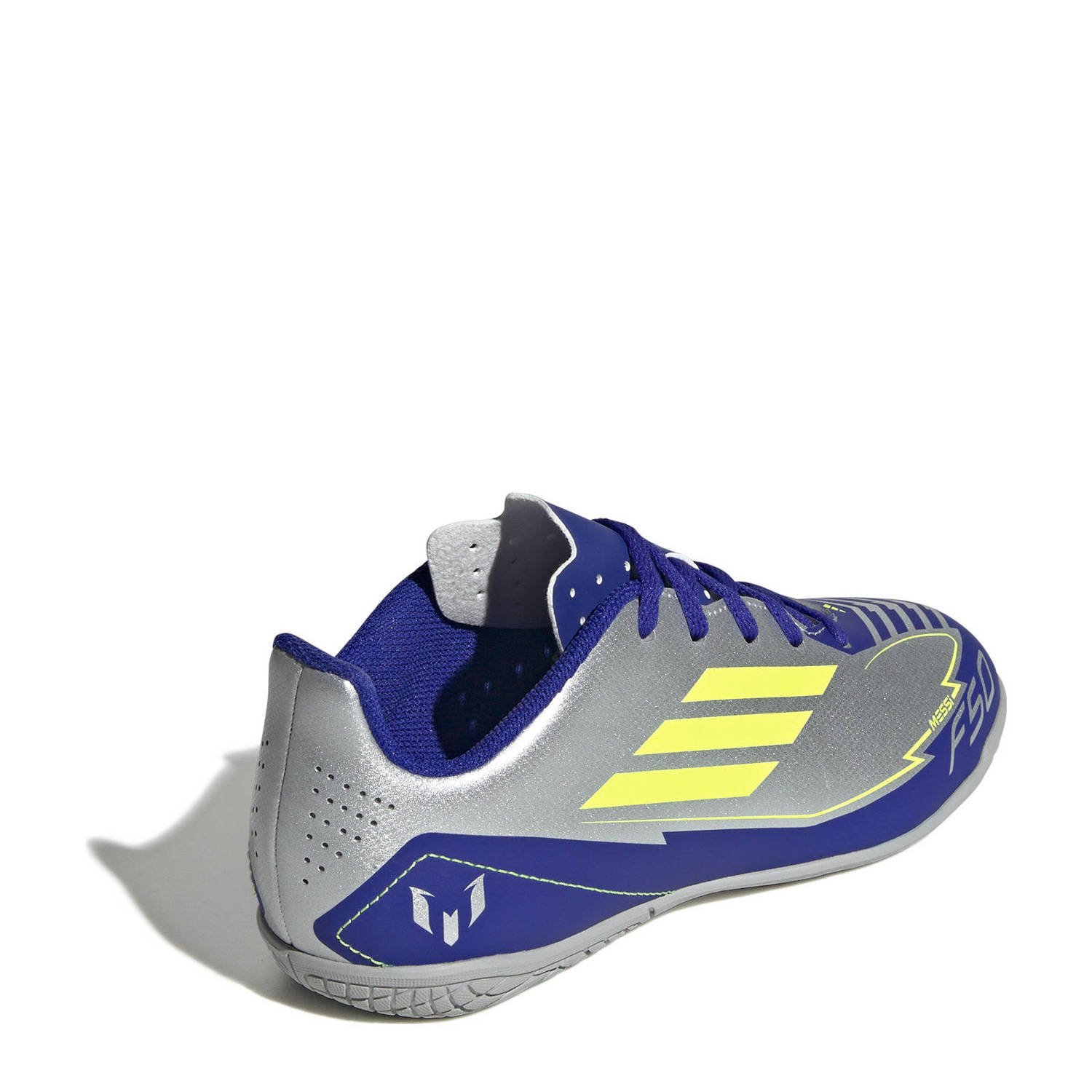 adidas Performance F50 Club Messi Junior zaalvoetbalschoenen zilver metallic kobaltblauw geel