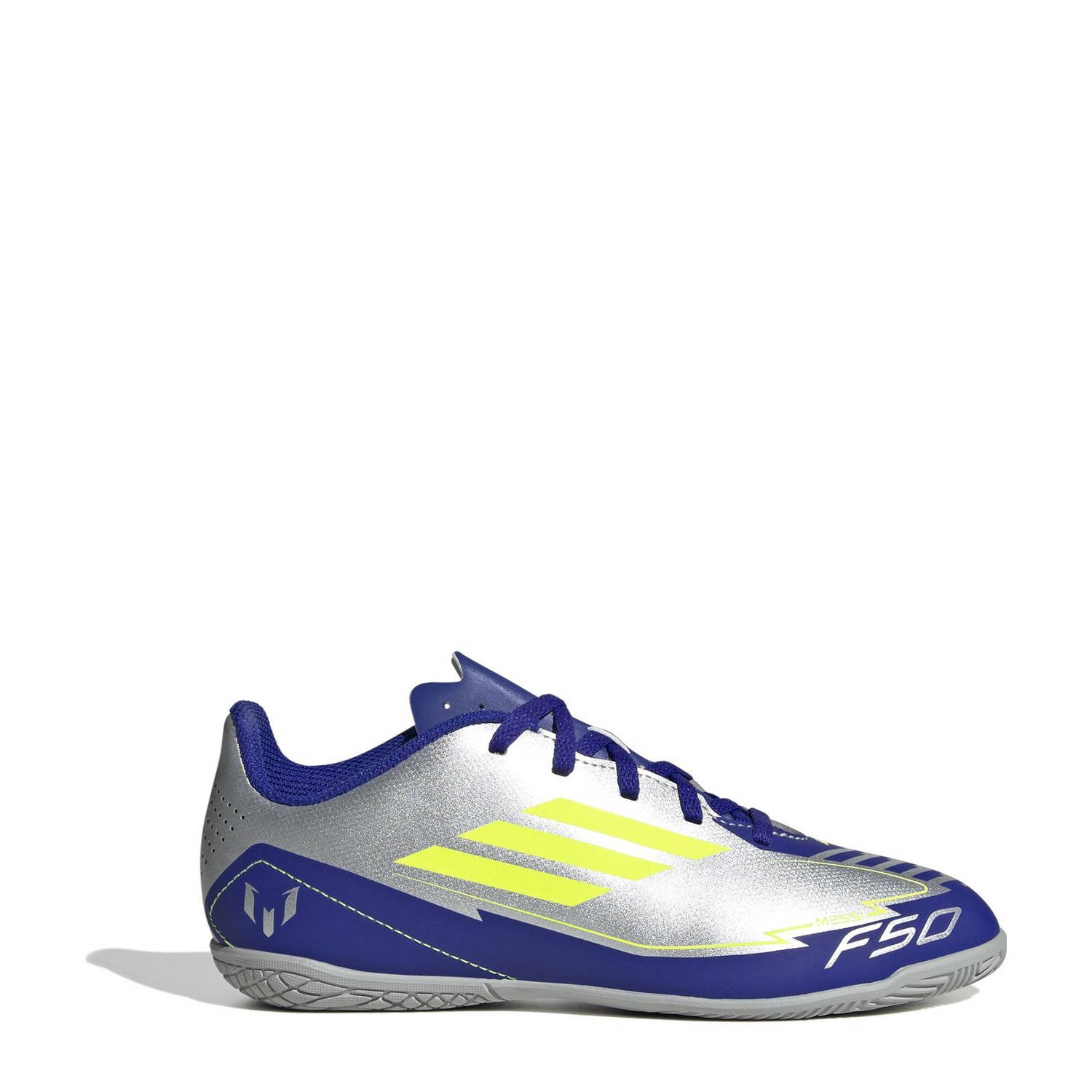 Adidas Perfor ce F50 Club Messi Junior zaalvoetbalschoenen zilver metallic kobaltblauw geel