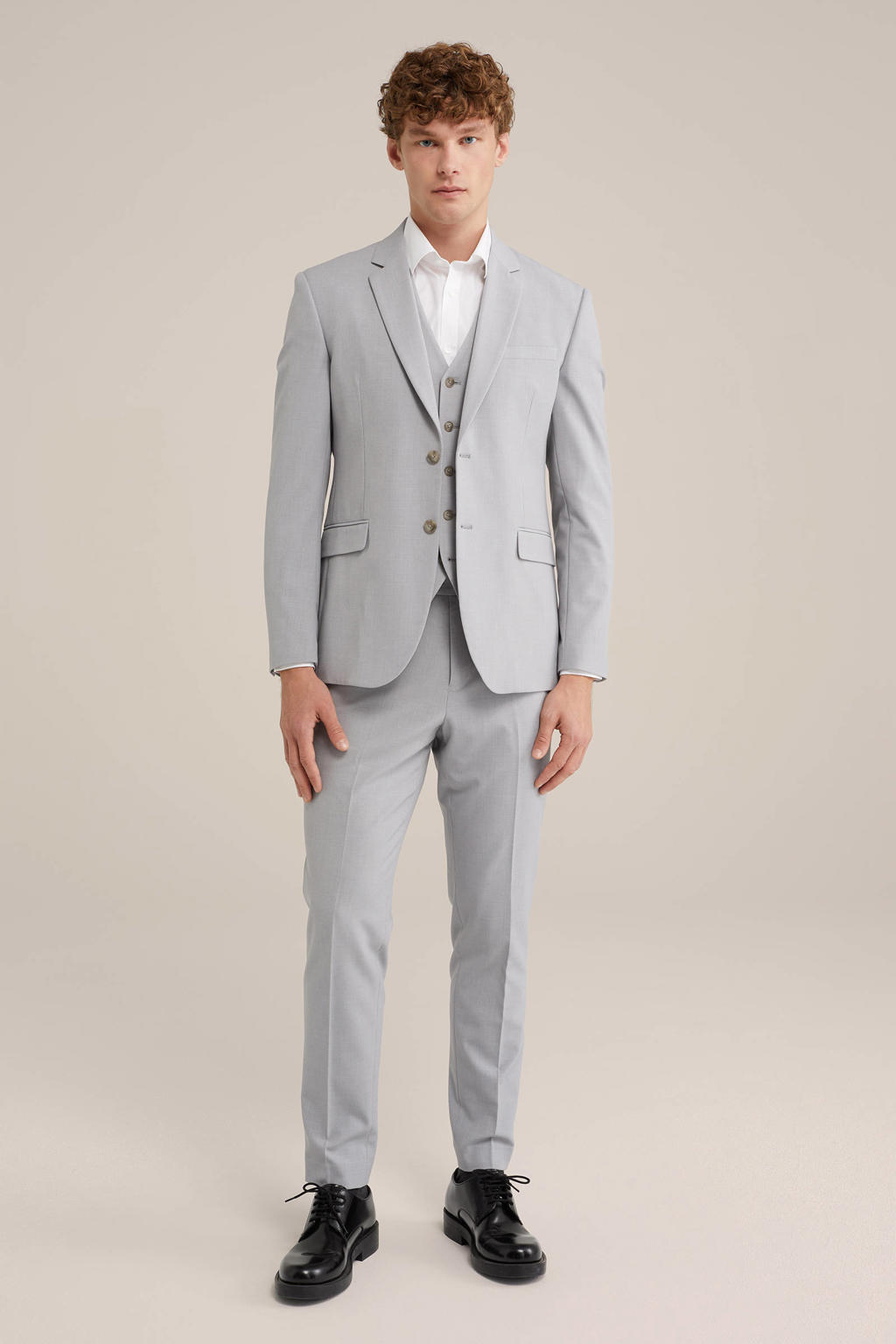 Lichtgrijze heren WE Fashion Tall fit colbert van polyester met melée print, reverskraag en geweven detail