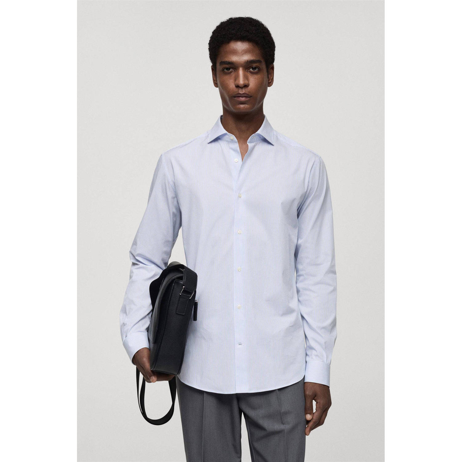 Mango Man casual gestreept overhemd lichtblauw