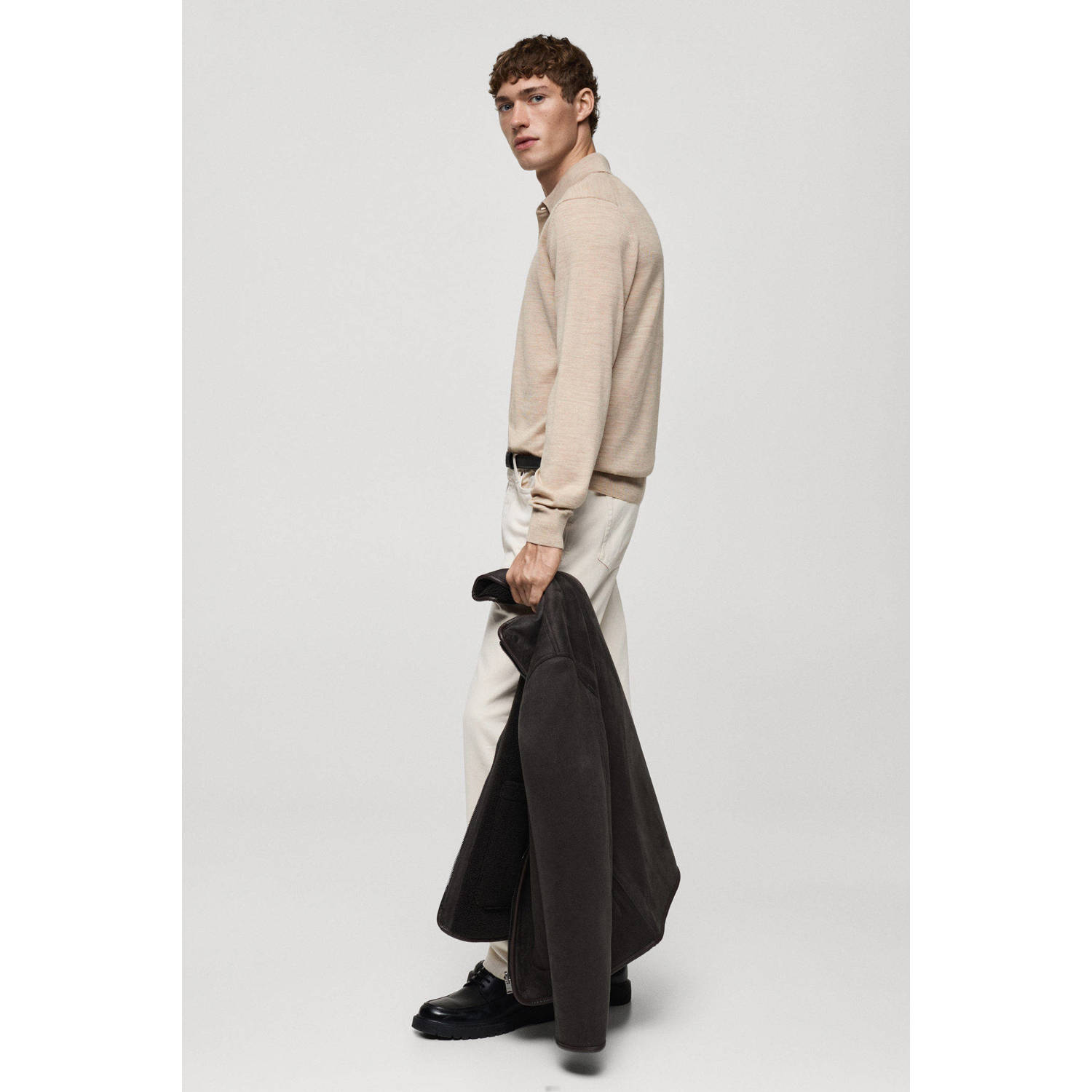 Mango Man regular polo gebreid beige