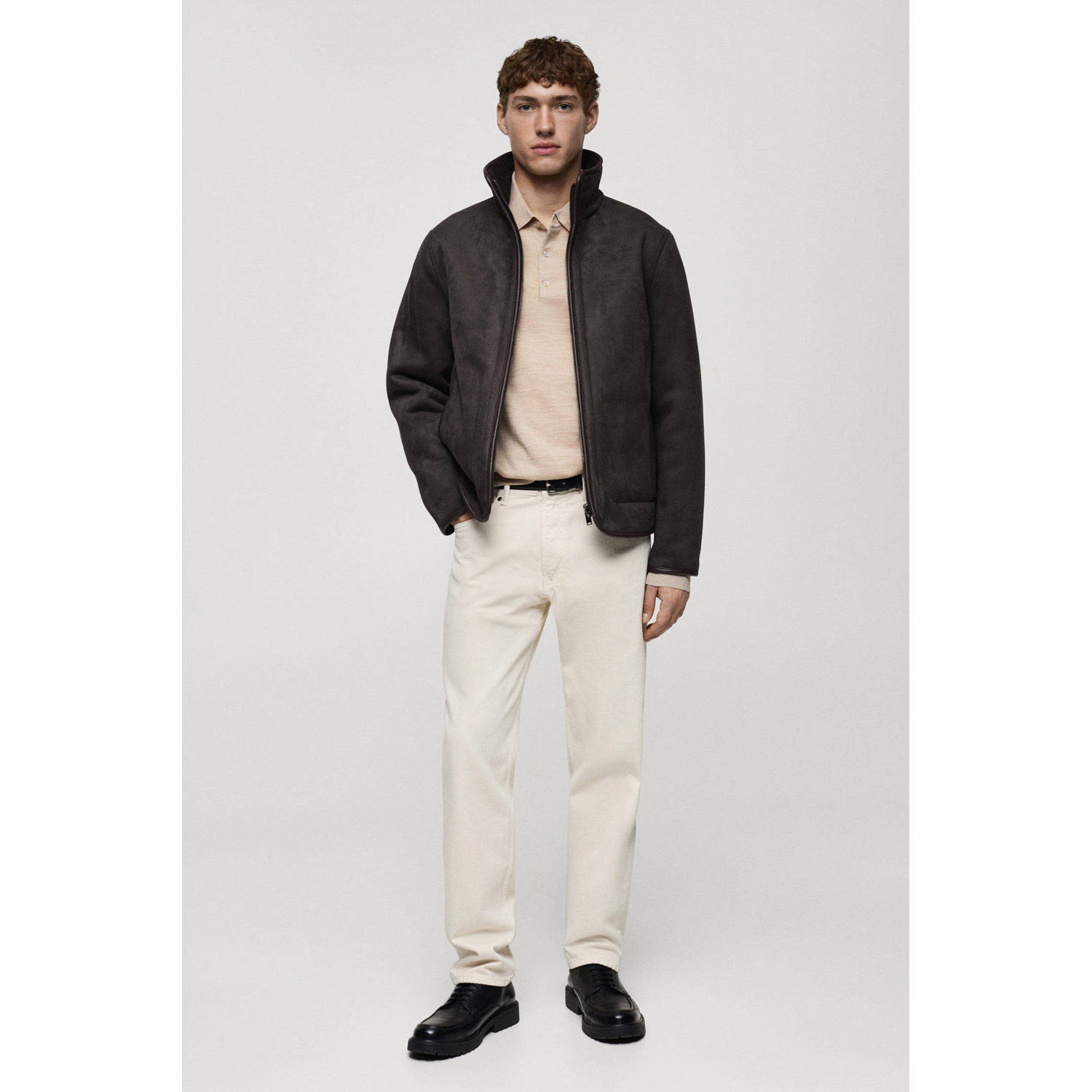 Mango Man regular polo gebreid beige