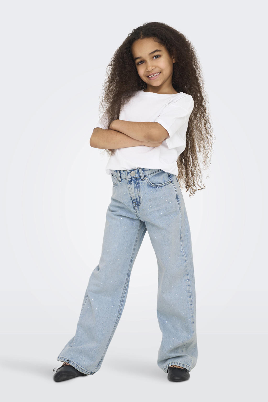 Lichtblauwe meisjes KIDS ONLY GIRL wide leg jeans van denim met rits- en knoopsluiting en effen