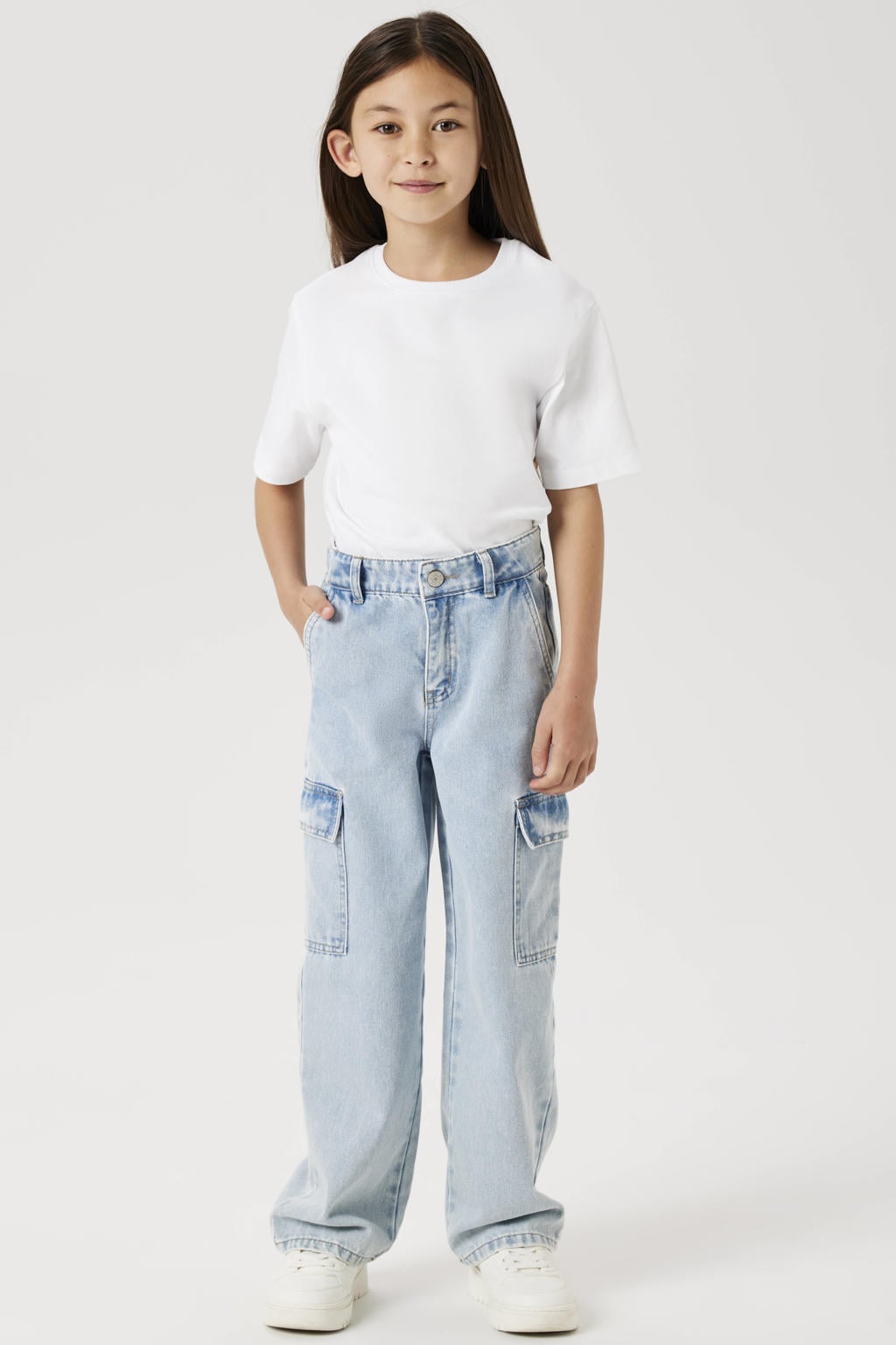 Light blue denim meisjes NAME IT KIDS wide leg regular waist jeans bleached van denim met rits- en knoopsluiting en effen