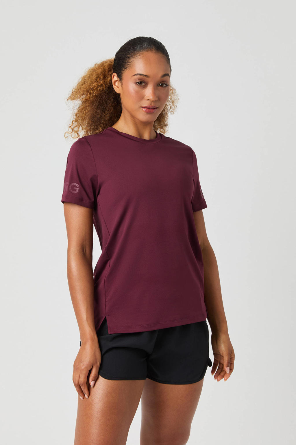 Aubergine dames Björn Borg sportshirt Borg van polyester met effen, korte mouwen en ronde hals