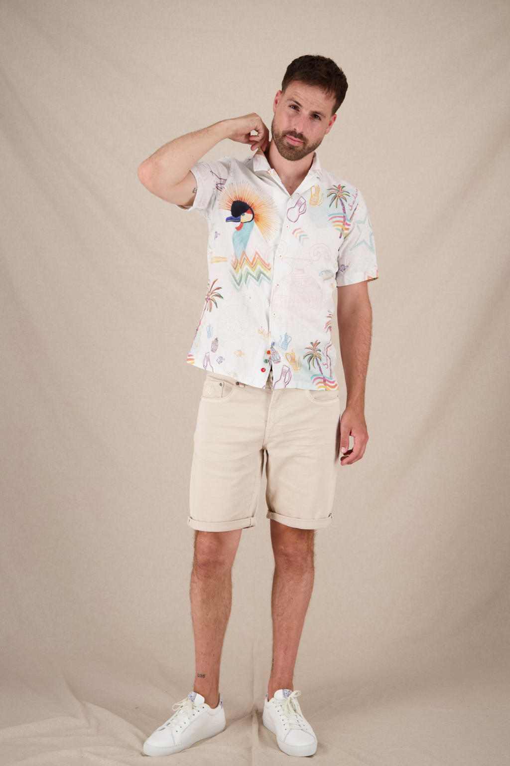 Multikleurige heren A fish named Fred casual overhemd van katoen met korte mouwen en knoopsluiting