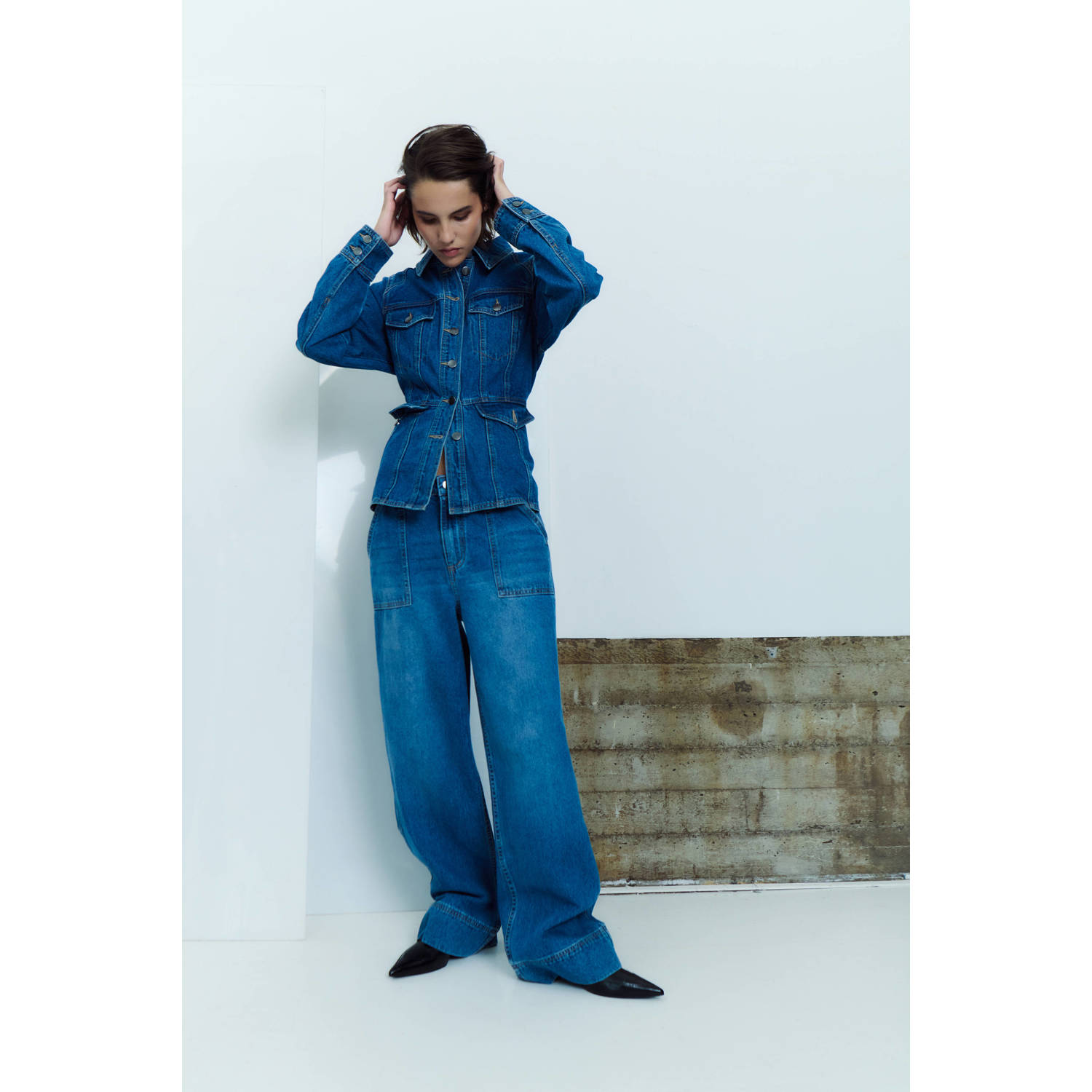 ROUGE EDIT high waist wide leg jeans dark blue denim