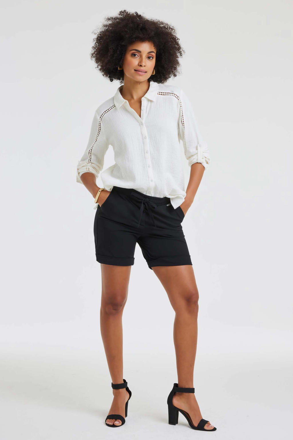 Zwarte dames Didi regular waist bermuda short van travelstof met loose fit, elastische tailleband met koord en effen
