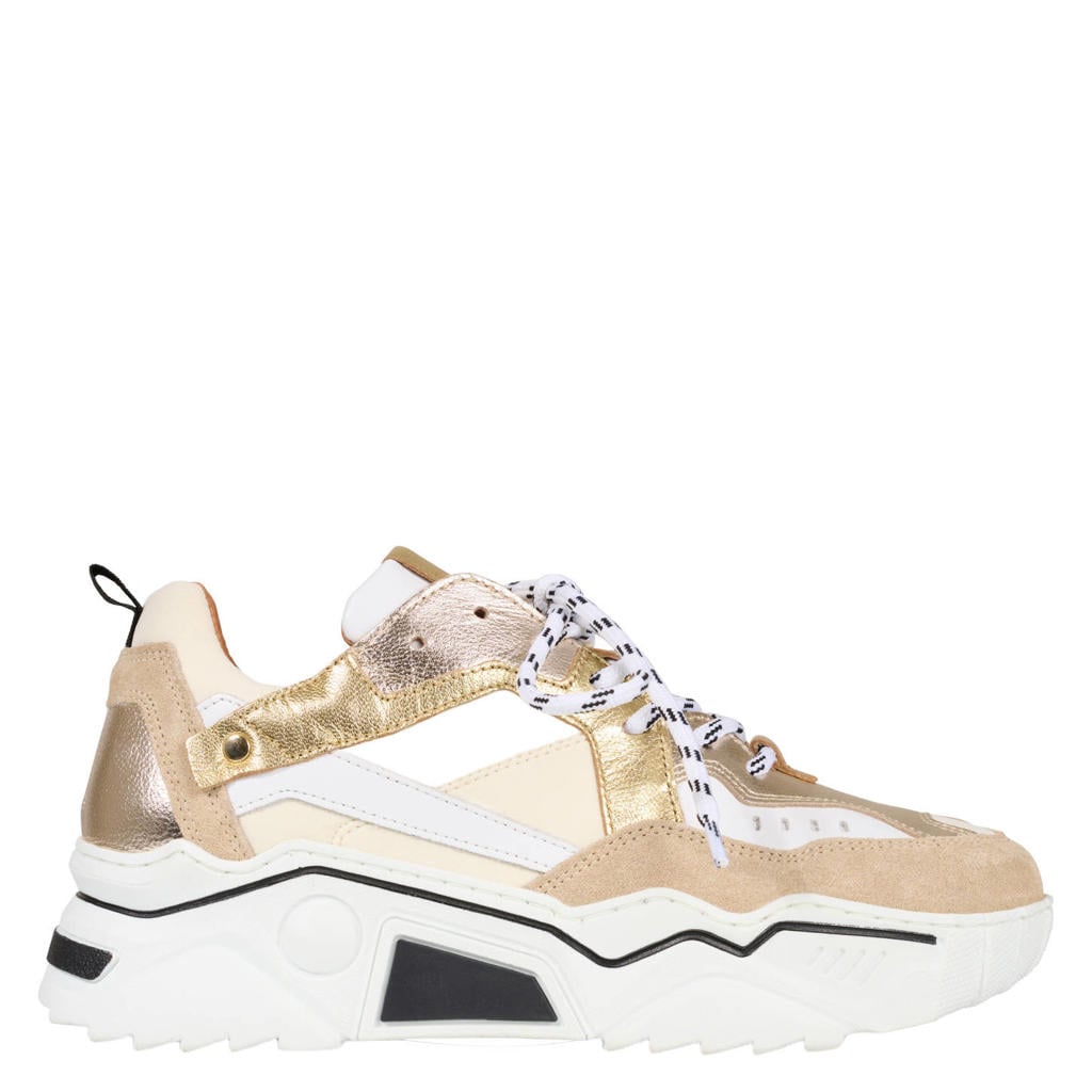 Zand en champagne dames DWRS Pluto chunky leren sneakers met veters