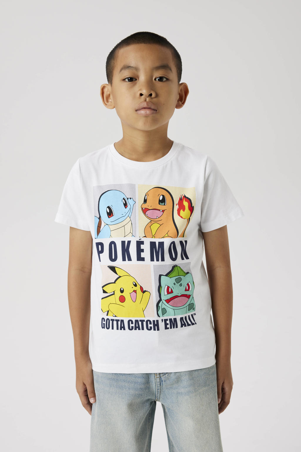 Witte jongens NAME IT KIDS Pokemon T-shirt van katoen met printopdruk, korte mouwen en ronde hals