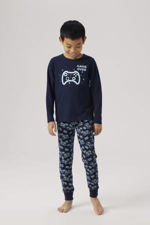 pyjama met all over print donkerblauw/lichtblauw