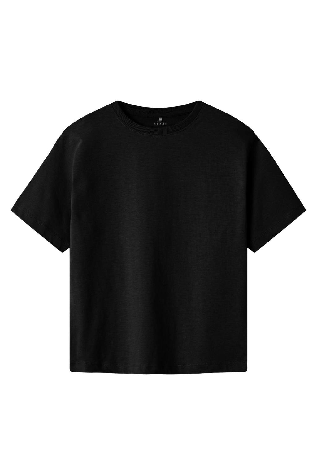 Zwarte jongens NAME IT KIDS T-shirt van katoen met effen, korte mouwen en ronde hals