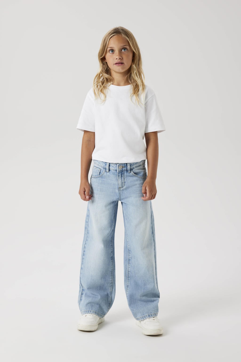 Light blue denim meisjes NAME IT KIDS wide leg jeans bleached van katoen met rits- en knoopsluiting en effen