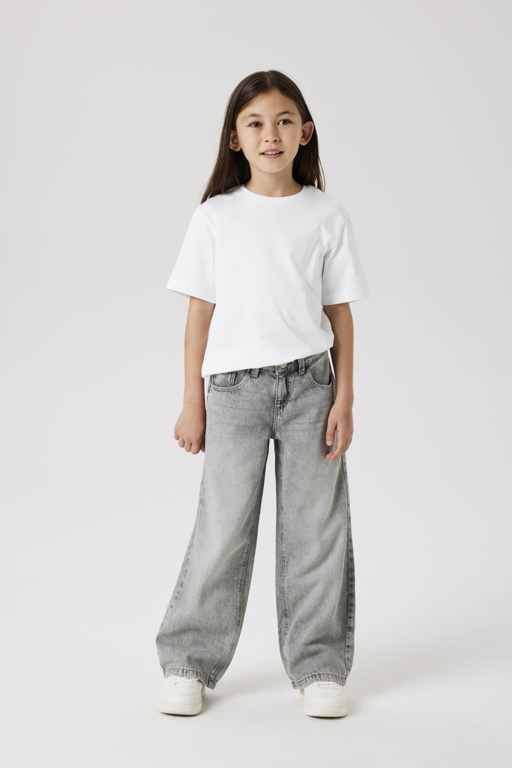 Lichtgrijze meisjes NAME IT KIDS wide leg jeans van denim met rits- en knoopsluiting en effen