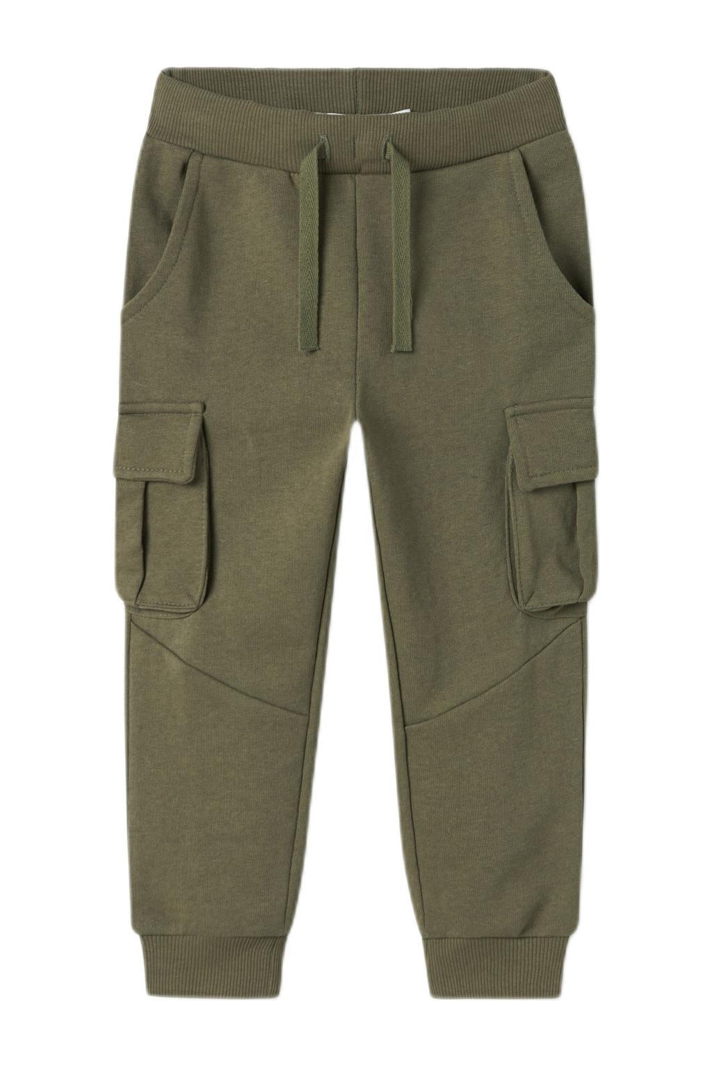Olijfgroene jongens NAME IT MINI cargo joggingbroek van sweat materiaal met regular fit, elastische tailleband met koord en effen