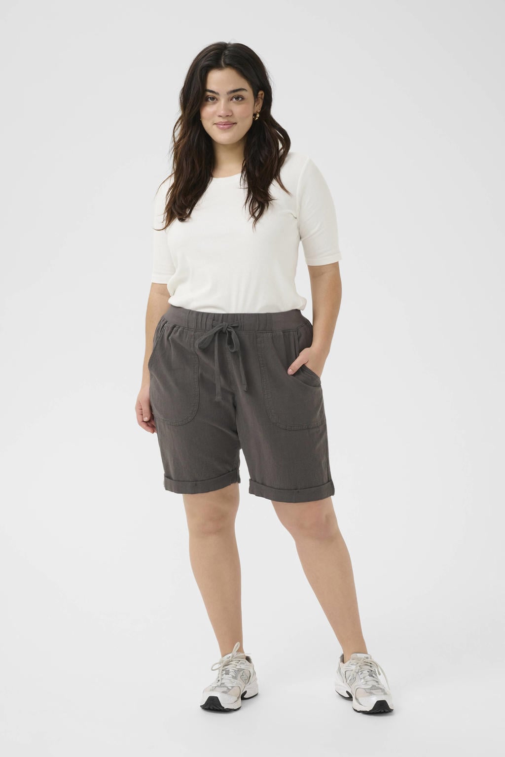 Antraciete dames Kaffe Curve loose regular waist casual short van katoen met elastische tailleband met koord en effen
