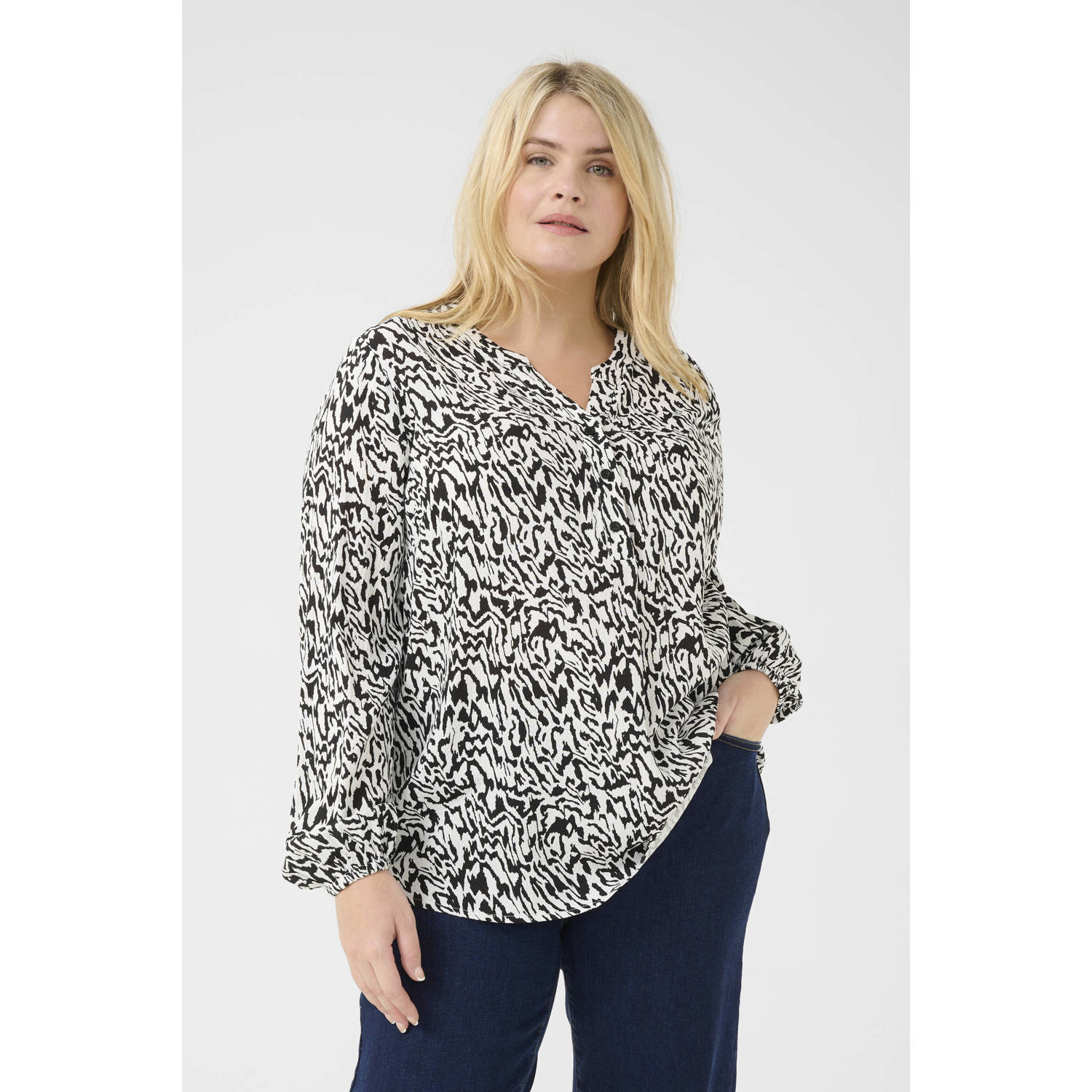 Kaffe Curve Grafische Lijnen Lange Mouw Blouse Black Dames