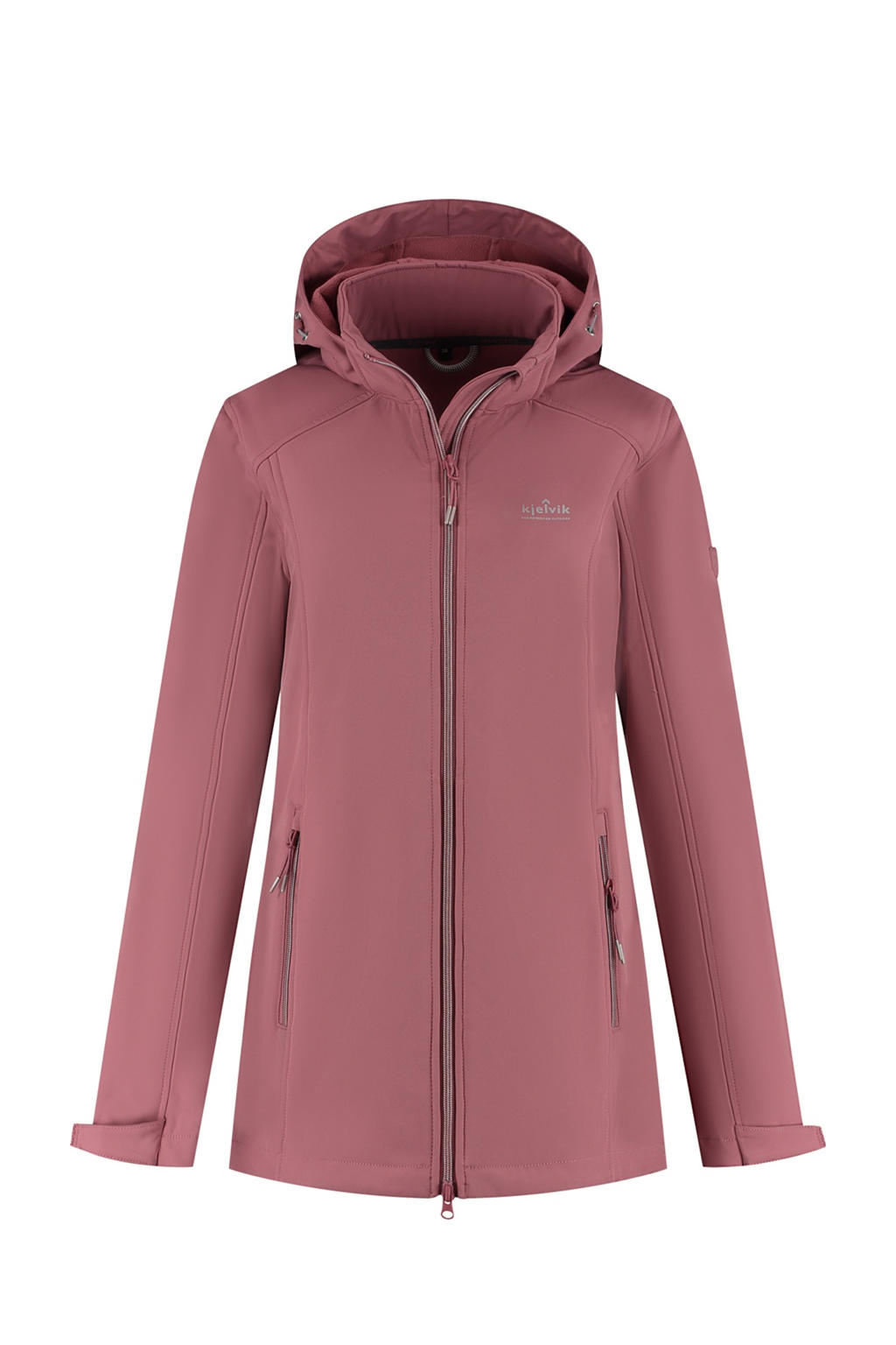 Roze dames Kjelvik outdoor jas Kyra van softshell materiaal met lange mouwen, capuchon en ritssluiting