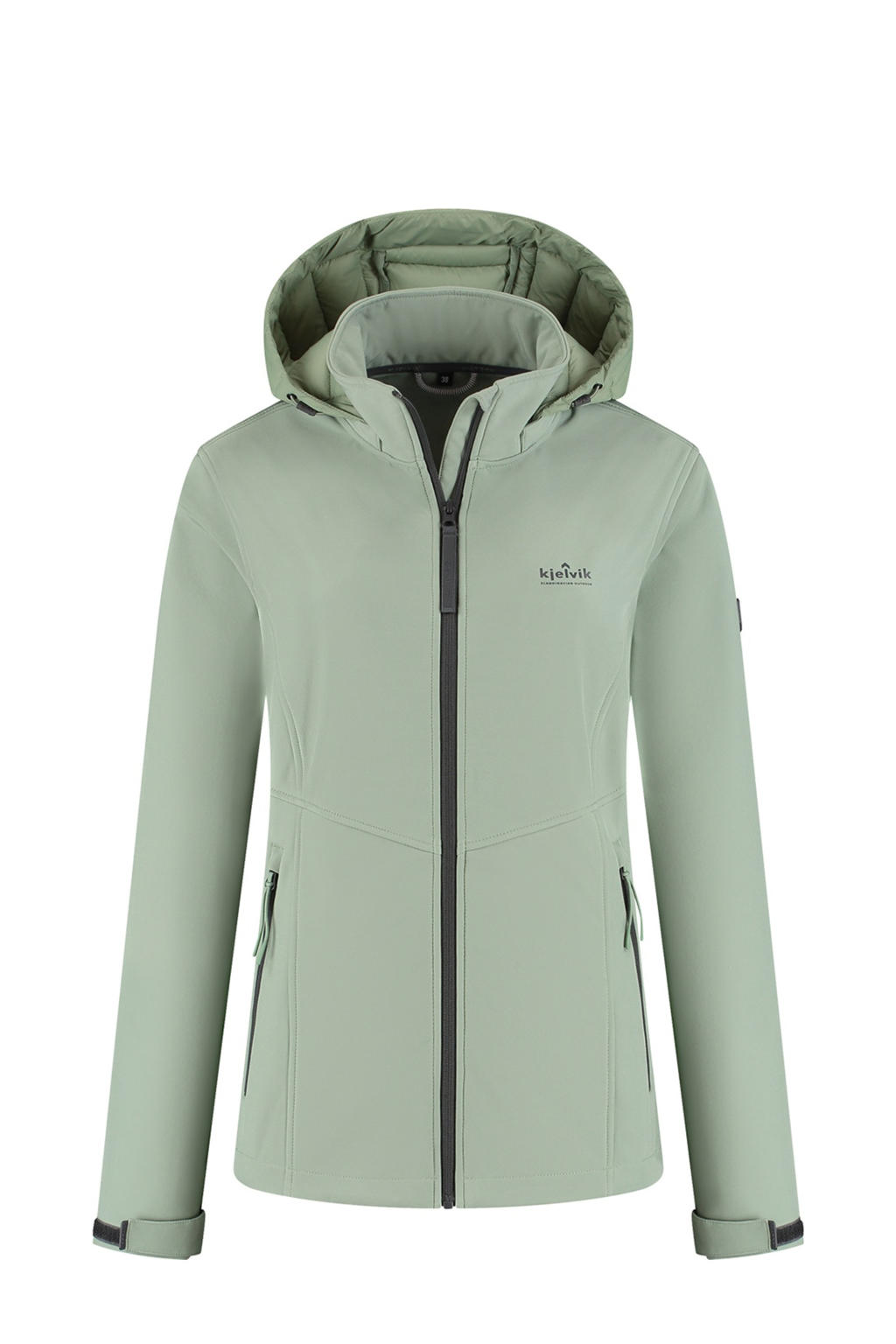 Lichtgroene dames Kjelvik outdoor jas Evi van softshell materiaal met lange mouwen, capuchon en ritssluiting