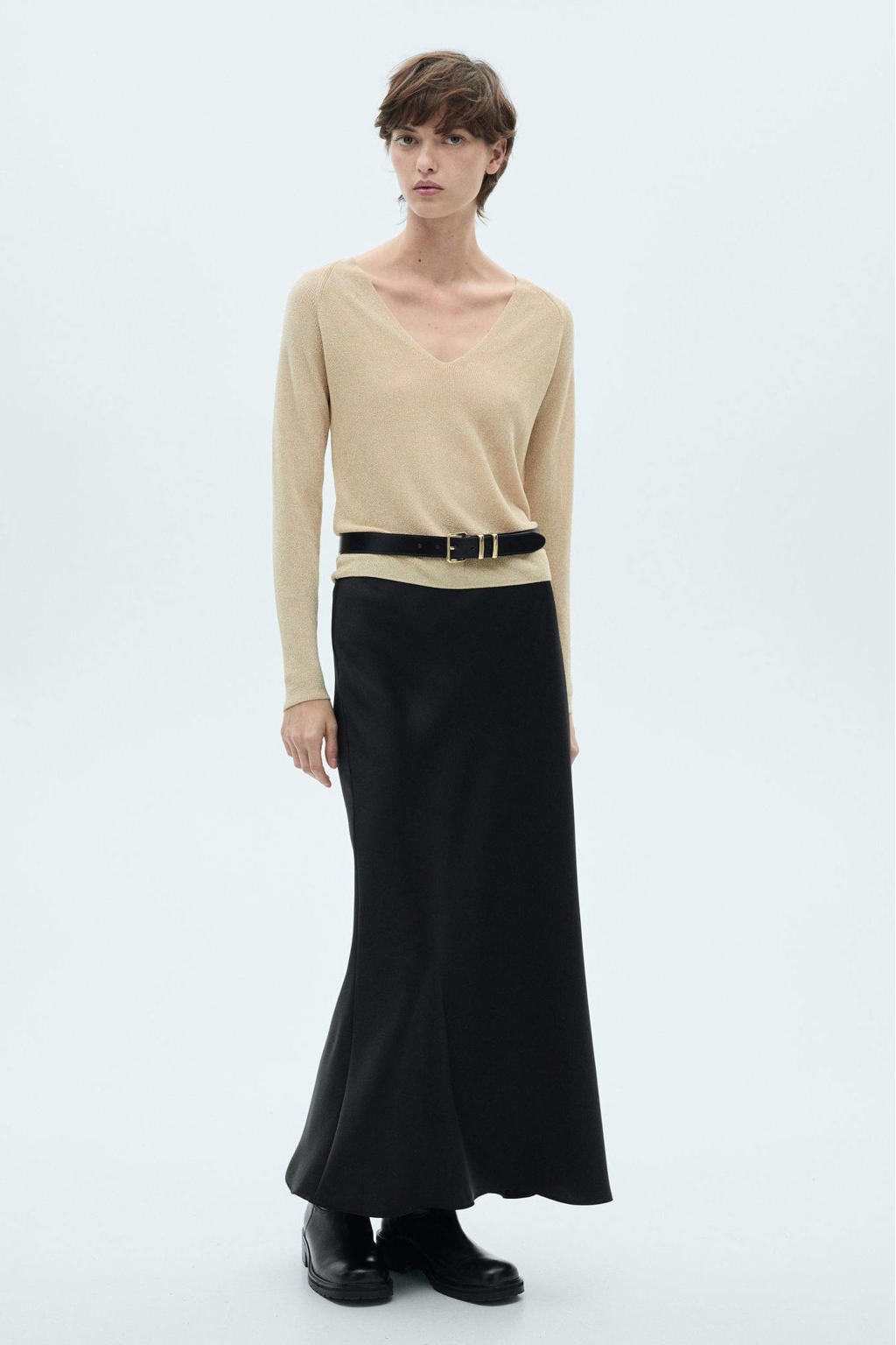 Gouden dames Mango gebreide trui van polyester met effen, lange mouwen, V-hals en lurex
