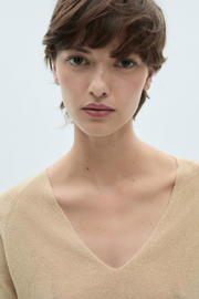 thumbnail: Gouden dames Mango gebreide trui van polyester met effen, lange mouwen, V-hals en lurex