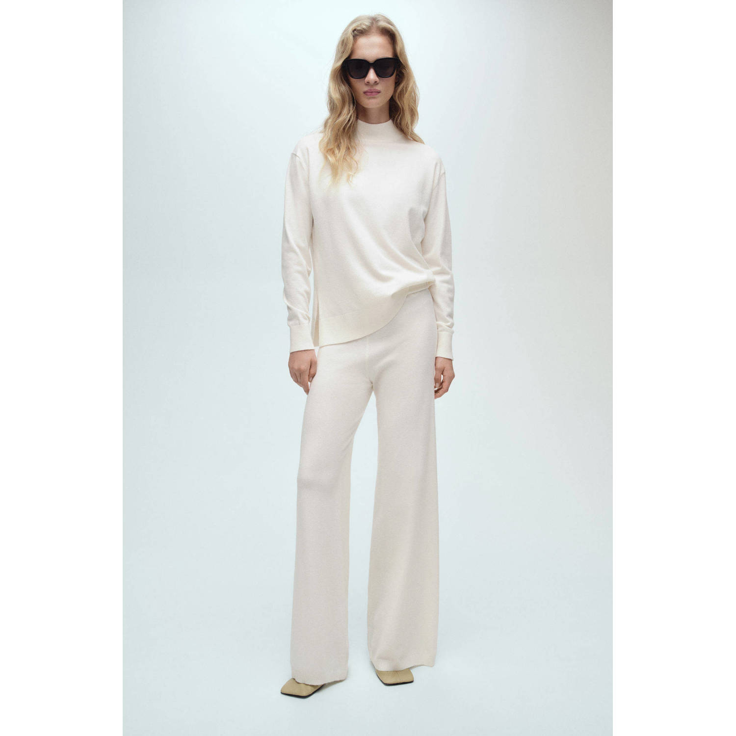 Mango wide leg high waist broek ecru fijn gebreid
