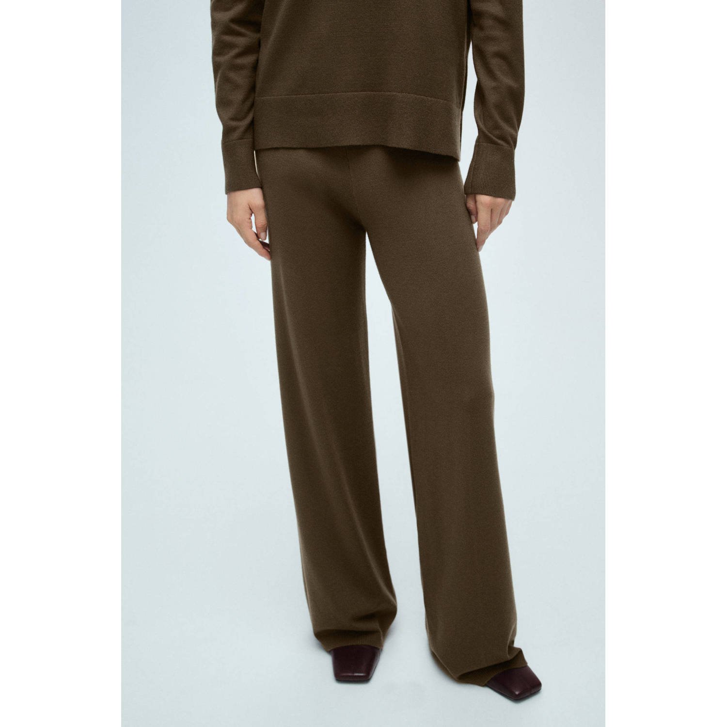 Mango wide leg high waist broek kaki fijn gebreid
