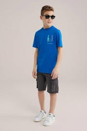 thumbnail: Grijze jongens WE Fashion Blue Ridge cargo short van katoen met regular fit, elastische tailleband met koord en effen