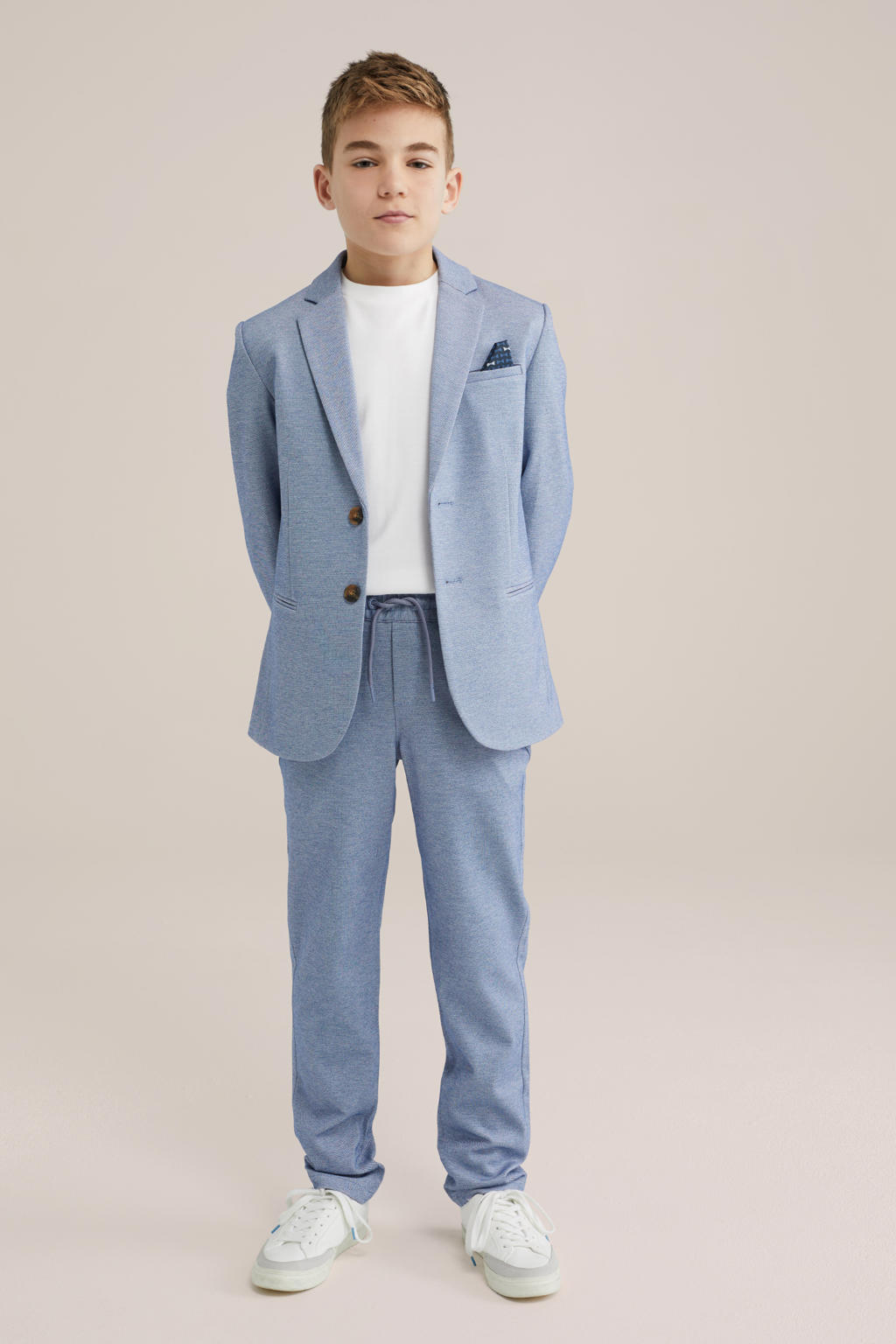 Lichtblauwe jongens WE Fashion colbert melange van polyester met effen, lange mouwen, smokingkraag en knoopsluiting