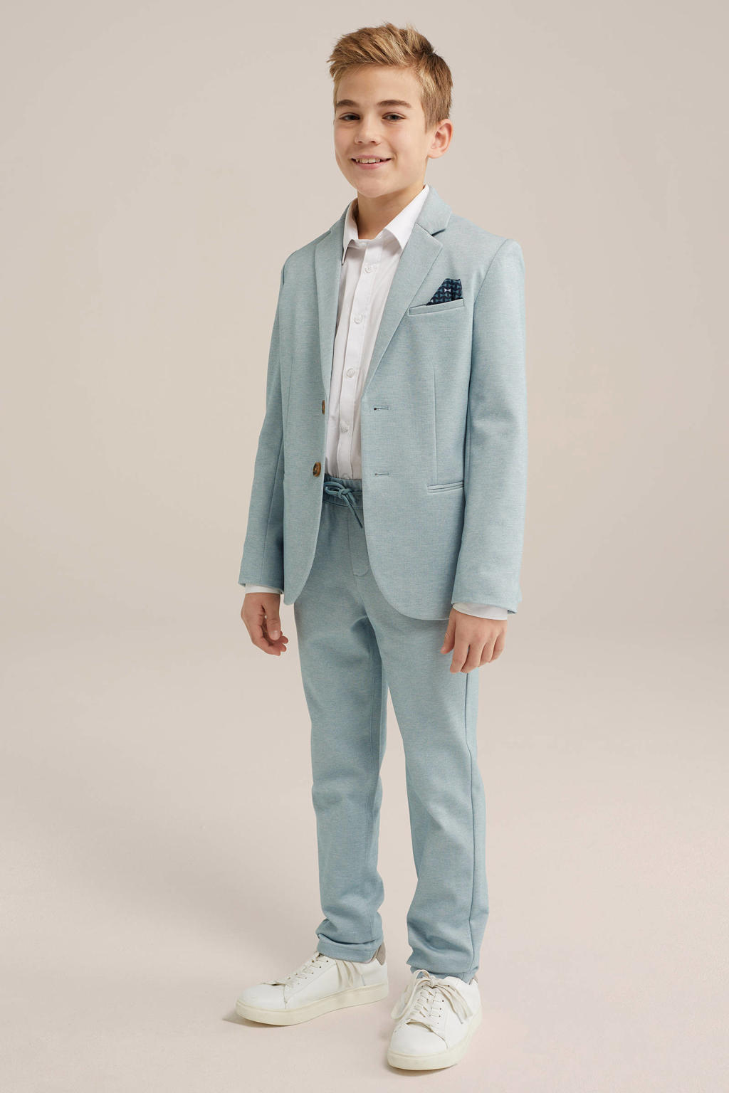 Mintgroene jongens WE Fashion colbert van polyester met effen, lange mouwen, smokingkraag en knoopsluiting