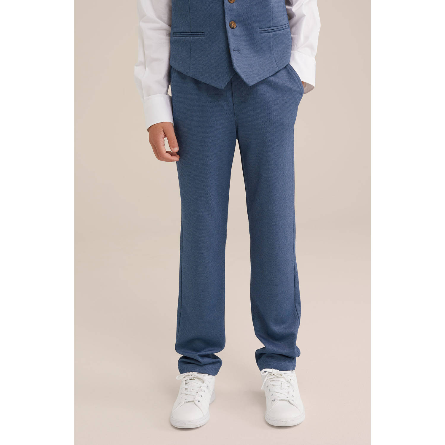 WE Fashion slim casual broek donkerblauw melange