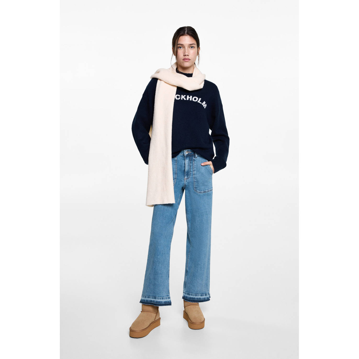 MANGO TEEN wide leg high waist jeans medium blue denim