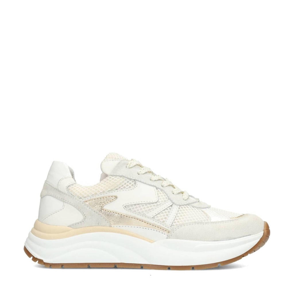 Wit en beige dames PS Poelman Charu chunky leren sneakers met veters