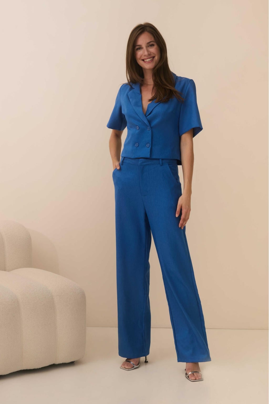 Blauwe dames Lofty Manner cropped blazer van polyester met effen, lange mouwen, reverskraag en knoopsluiting