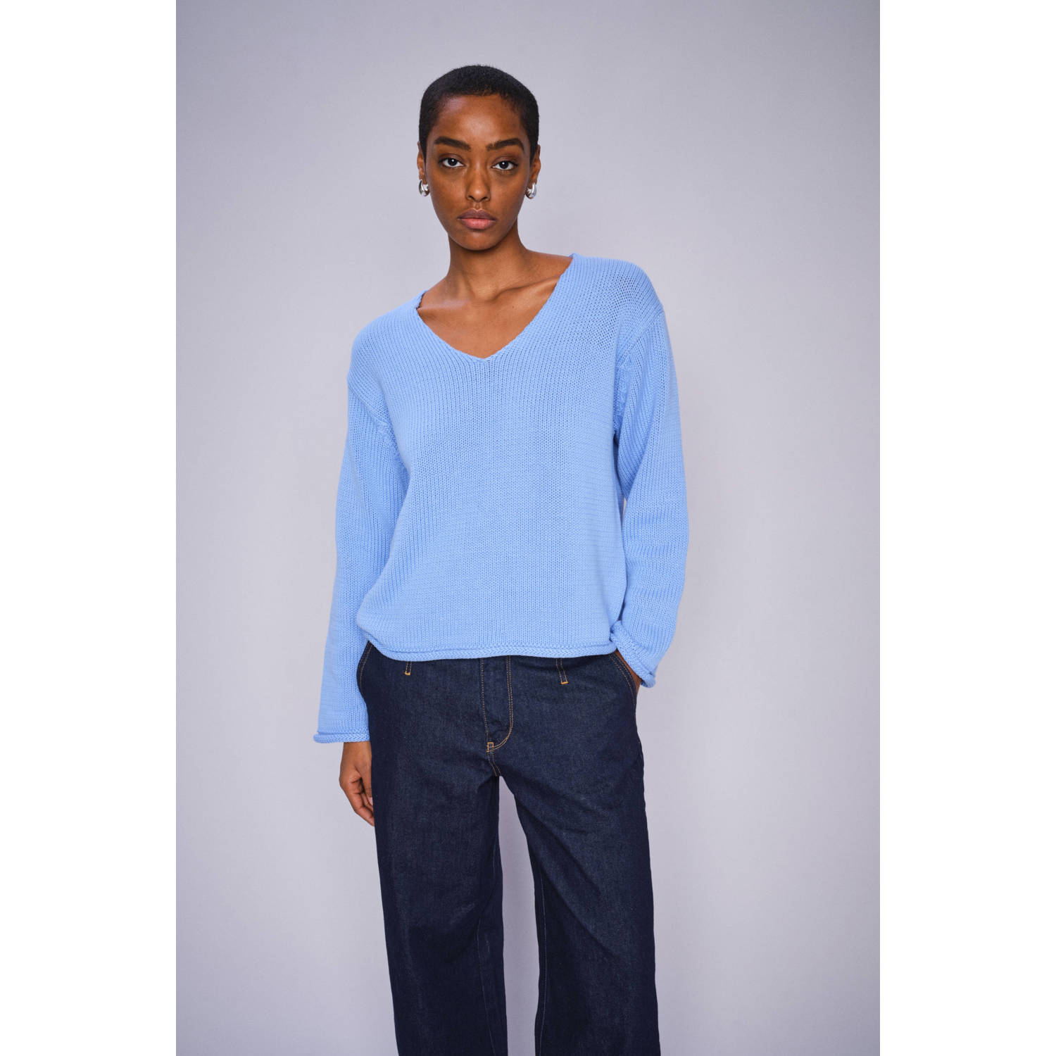 MOS MOSH V-Hals Gebreide Trui Hydrangea Blue Dames