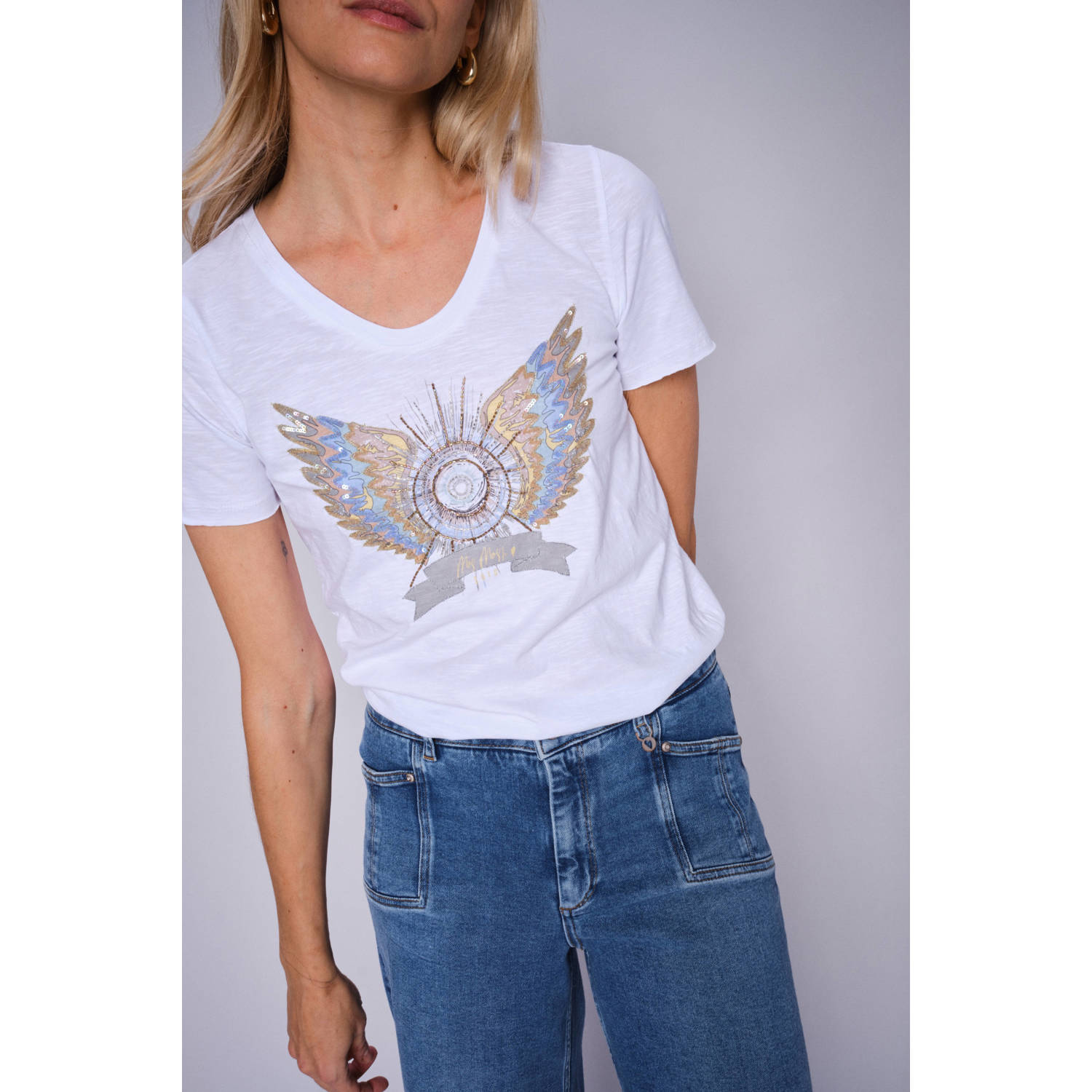 MOS MOSH Deco Tee Top met kralenmotief White Dames
