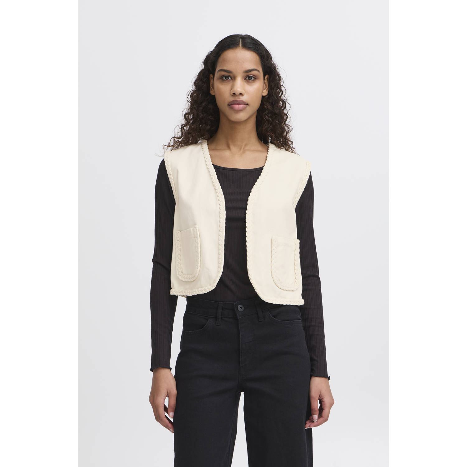 Ichi Open Vest met Korte Lengte en Zakken Beige Dames