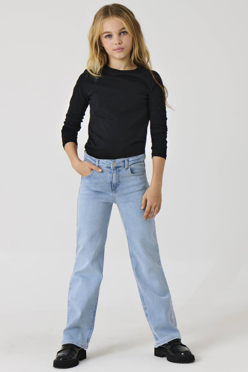 Light blue denim meisjes KIDS ONLY GIRL wide leg jeans van katoen met rits- en knoopsluiting en effen